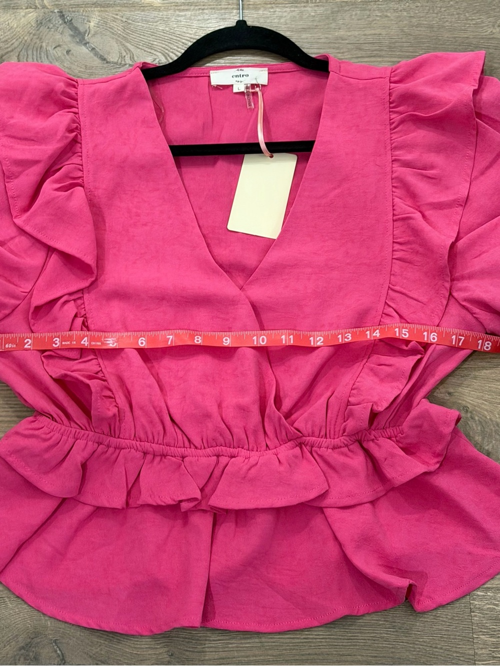 NWT Entro Pink Textured Ruffle Puff Sleeve Peplum Blouse L - Picture 9 of 9